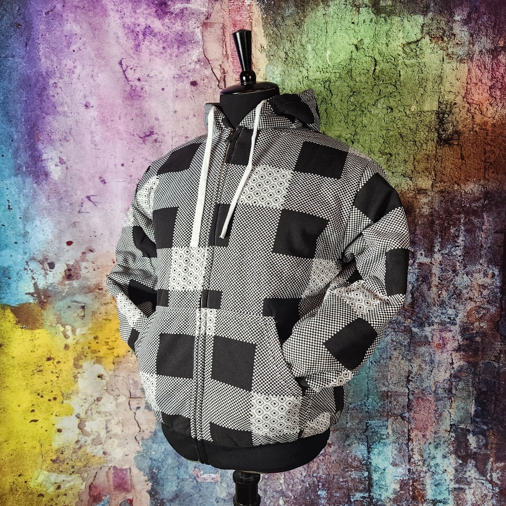Black and White Checkered Full Zip Lined Hoodie - Picture 2 of 13